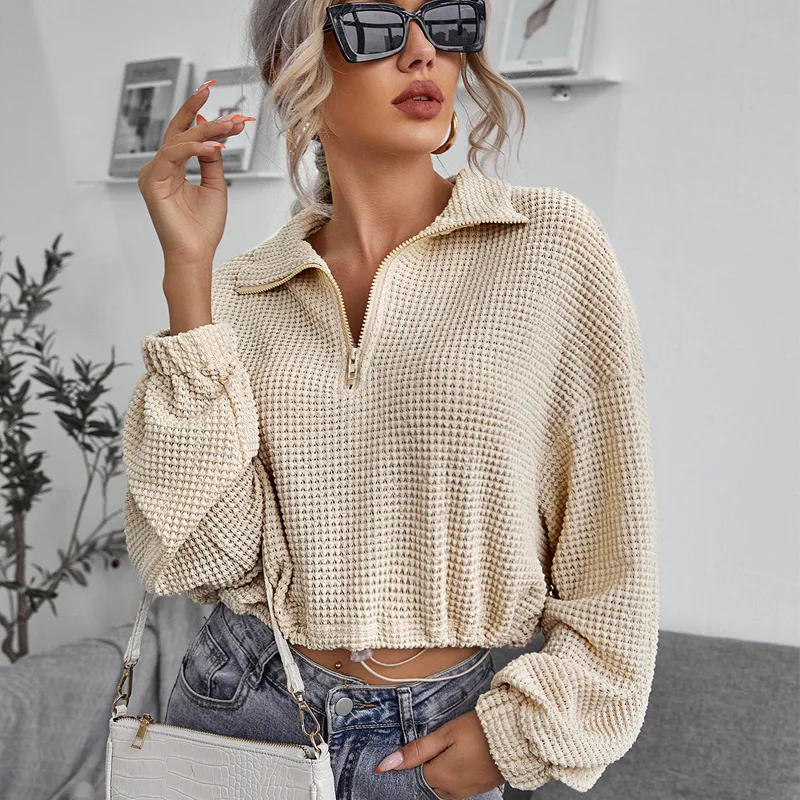 

2021 New Casual Autumn Solid Women T-shirt Stand Collar Zipper Loose Ladies Short Top Full Off Shoulder Sleeves Female Short Top