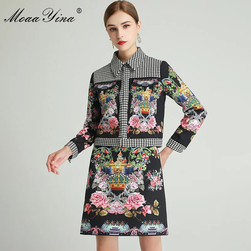 MoaaYina Fashion Designer Set Spring Women's Long sleeve jacket Tops+Anime Floral-Print Short skirt Black Two-piece sets