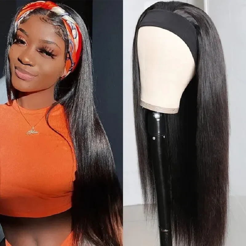 Haever 32inch Straight Human Hair Wigs With Headband Scarf 180% Full Machine Made Wig For Black Women Bangs | Шиньоны и парики