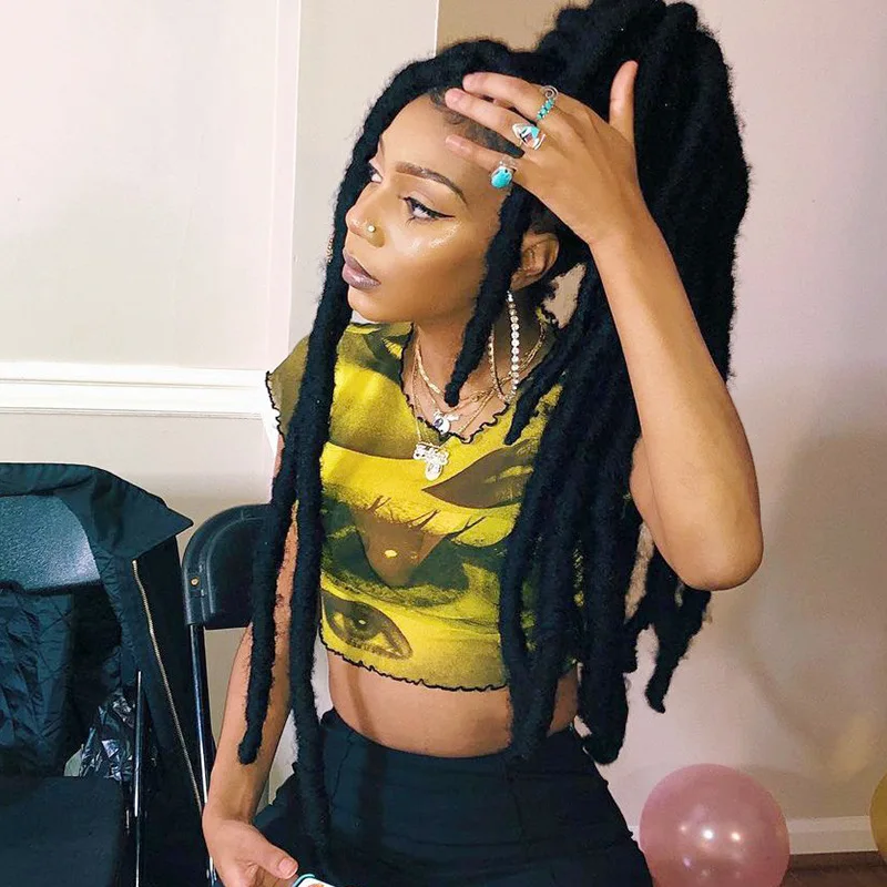 

2021 Summer Women's Sheer Mesh T-Shirts, Short Sleeve Crew Neck Eyes Lips Print Lettuce Trim Crop Tops
