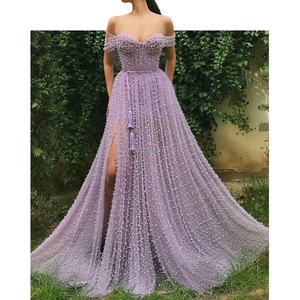 

Haute Couture A-Line Sweetheart Evening Dress Off The Shoulder Slit pearl Beaded Floor-Length Tulle Women Dress Prom Party Dress