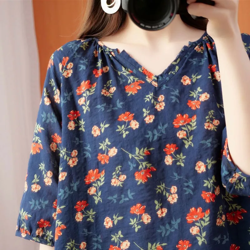 

Women Cotton Linen Casual T-shirts New Arrival 2021 Summer Vintage Style Floral Print Loose Comfortable Female Tops Tees S3653