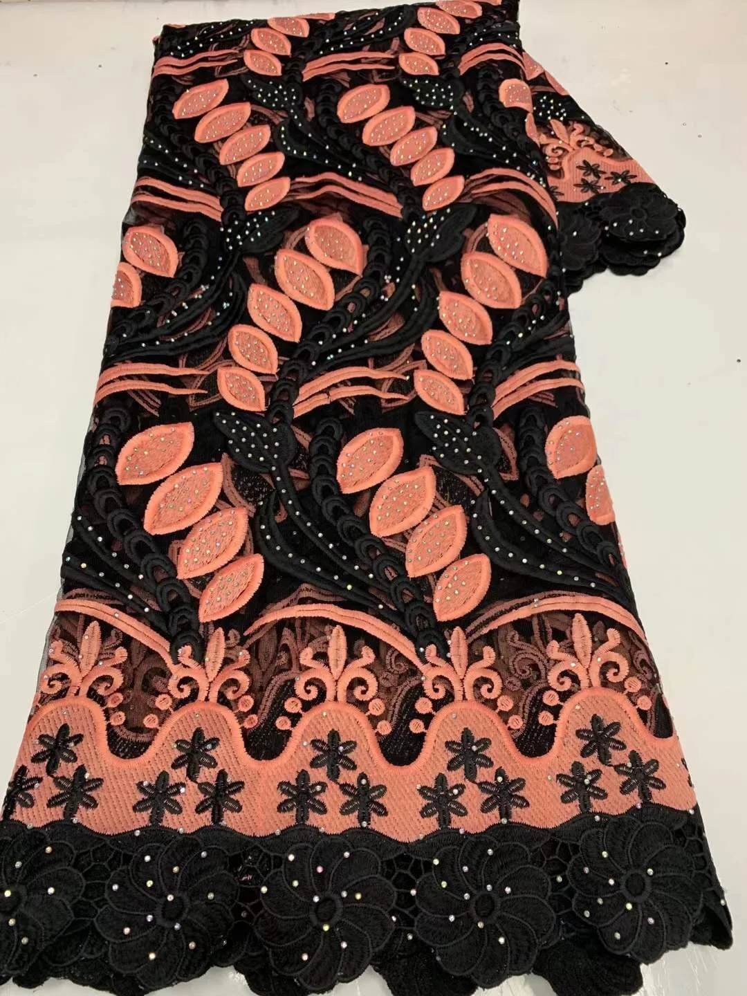 

Black/Red cord lace fabric with stones high quality nigerian Water soluble lace embroidered lace guipure lace fabrics 5yards