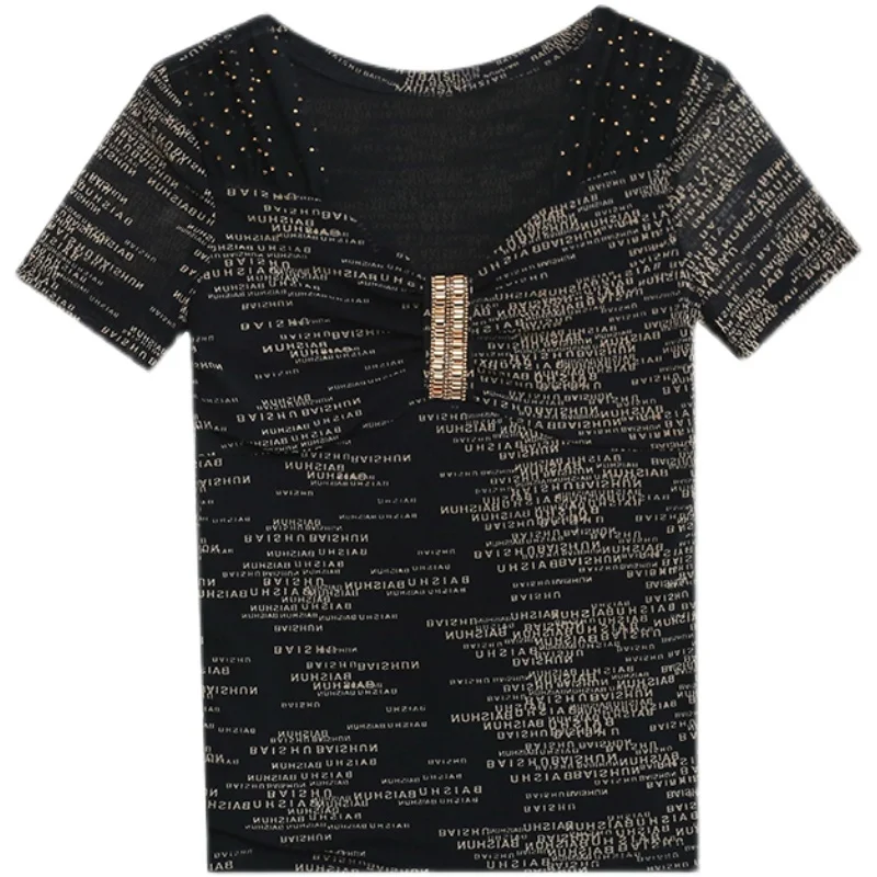

New 2021 Summer Short-Sleeve Mesh Tops Fashion Casual V-Neck Women's T-Shirt Elegant Slim Diamond Female TSHIRT