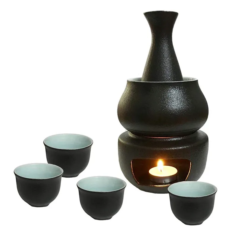 Juego de Sake de cer&aacute;mica con calentador, incluye 1 botella de Sake, 4 tazas de Sake, 1 taza m&aacute;s caliente, 1 vela, estufa de calefacci&oacute;n-0