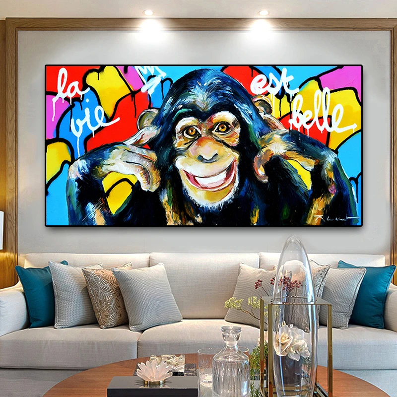 Абстрактный красочный улыбающийся обезьяна граффити классический холст масляной живописи постер и печати картины на стену для гостиной.