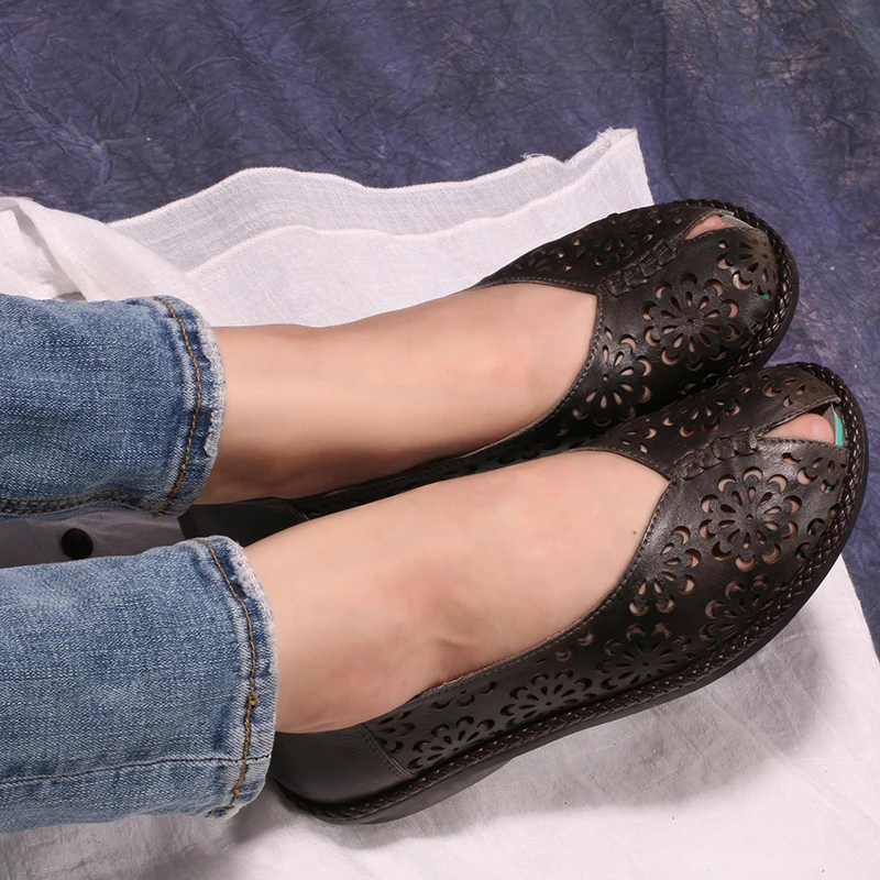 VALLU кожи ручной работы женские с открытым открытые туфли на плоской подошве 2020