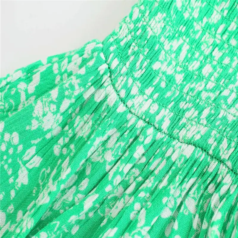 

Za 2021 Summer Print Long Green Dress Women Sleeveless Backless Sexy Pleated Party Dresses Elastic Waist Woman Ruched Dresses