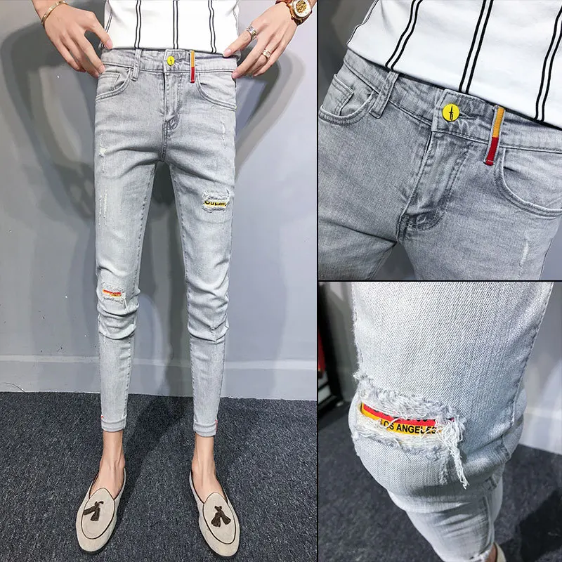 Модные 2021 весенне-Осенние эластичные рваные колготки облегающие джинсы с дырками серые простые джинсы до щиколотки брюки ковбойские для му... от AliExpress WW