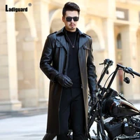 ladiguard plus size mens pu leather jacket black long overcoats motorcycle faux leather coats 2021 single breasted top outerwear