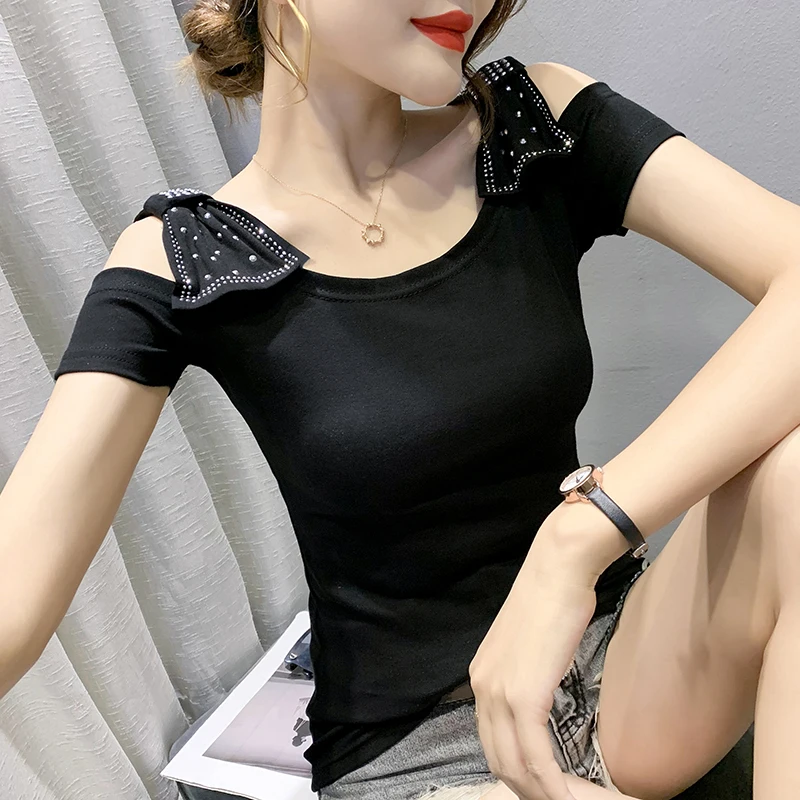 

Women's t-shirt New 2021 Fashion Casual Short Sleeve Striped Tops Sexy Bow Off The Shoulder T-Shirt Plus Size Blusas