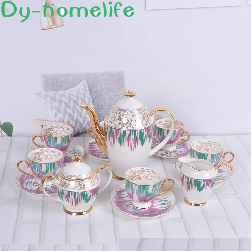 Керамический кофейный чайный набор с скандинавским рисунком золотой Радужный