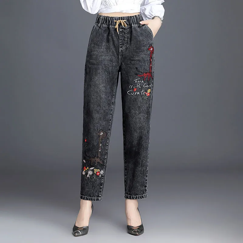 

2021Spring Autumn New Loose Denim Pants Female Elastic Waist Jeans Women High Waist Slimming Wild Harlan Cowboy Pants Ladies 260