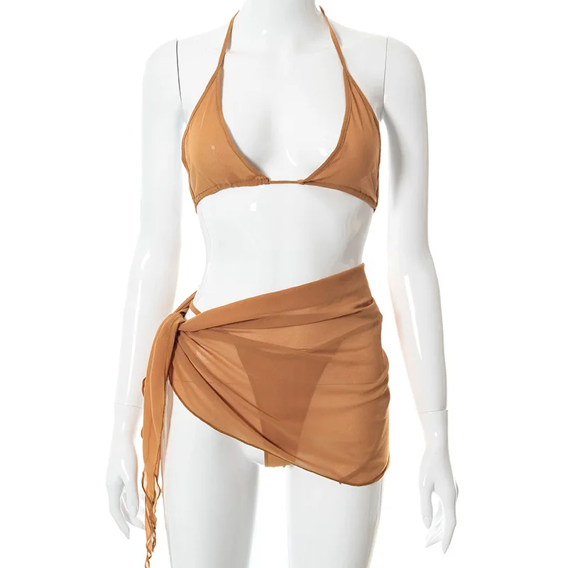 

3 Piece Mesh See Through Bikini Set Women Summer Sexy Lace Up Brazilian Bikini Femme Beach Swimsuit Thong Bathing Suit