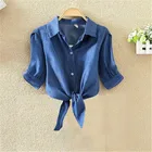 Темно-синие рубашки, женские укороченные топы и блузки с узлом спереди, летняя блузка на пуговицах, женская