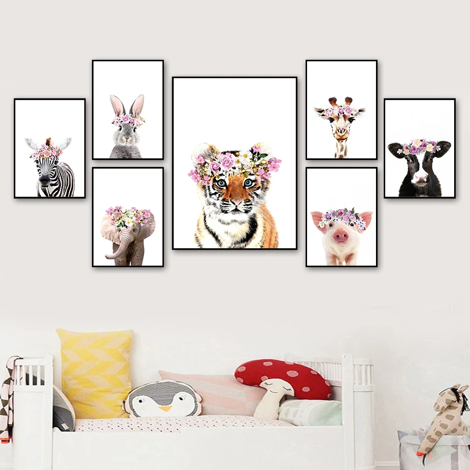 

Flowers Tiger Giraffe Elephant Rabbit Zebra Pig Nordic Posters And Prints Wall Art Canvas Painting Wall Pictures Kids Room Decor