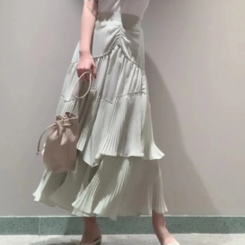 

2021 Spring New Fashion Solid Long Skirts Japan Style Temperament Irregular Pleated Skirt Cascading Ruffle Patchwork Jupe