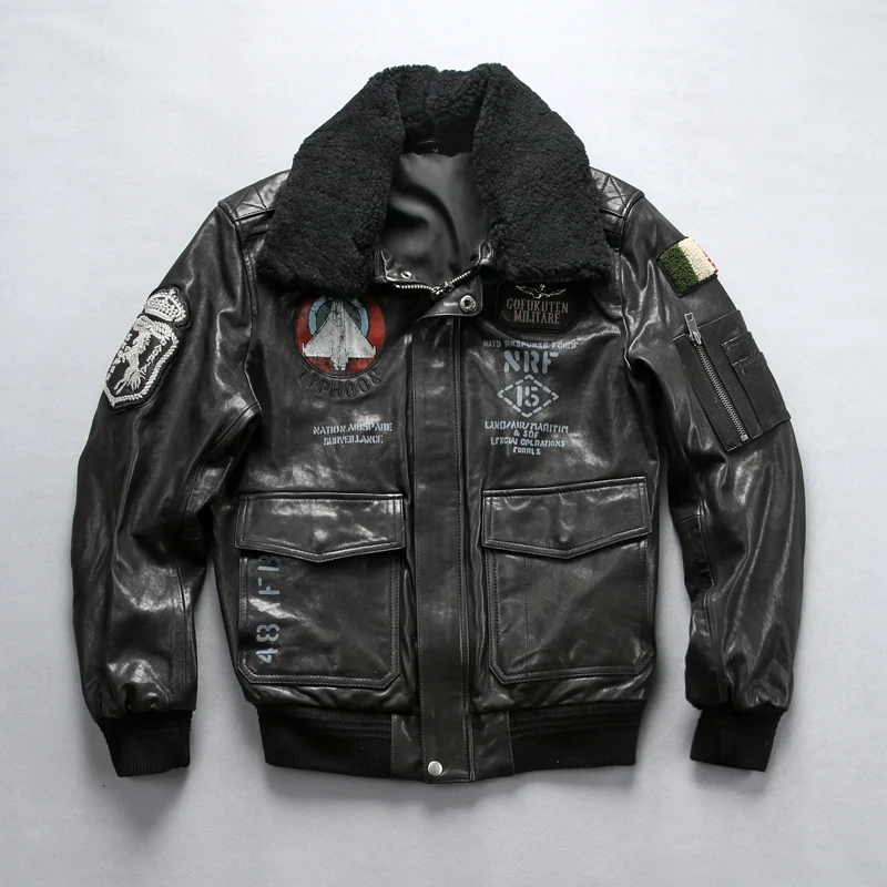 Мужская кожаная куртка-бомбер с натуральным мехом короткая приталенная ВВС G1 из