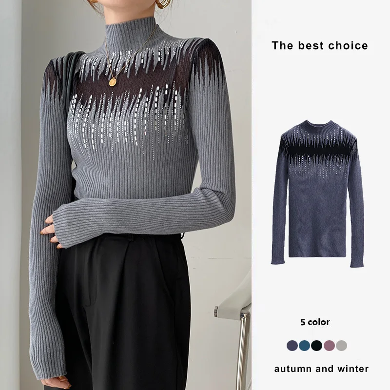 

Women'S Sweater Knitted Pullover Elegant Net Yarn Diamond Basic Knitwear Female Inner Long Sleeve Slim Half High Collar Warm Top