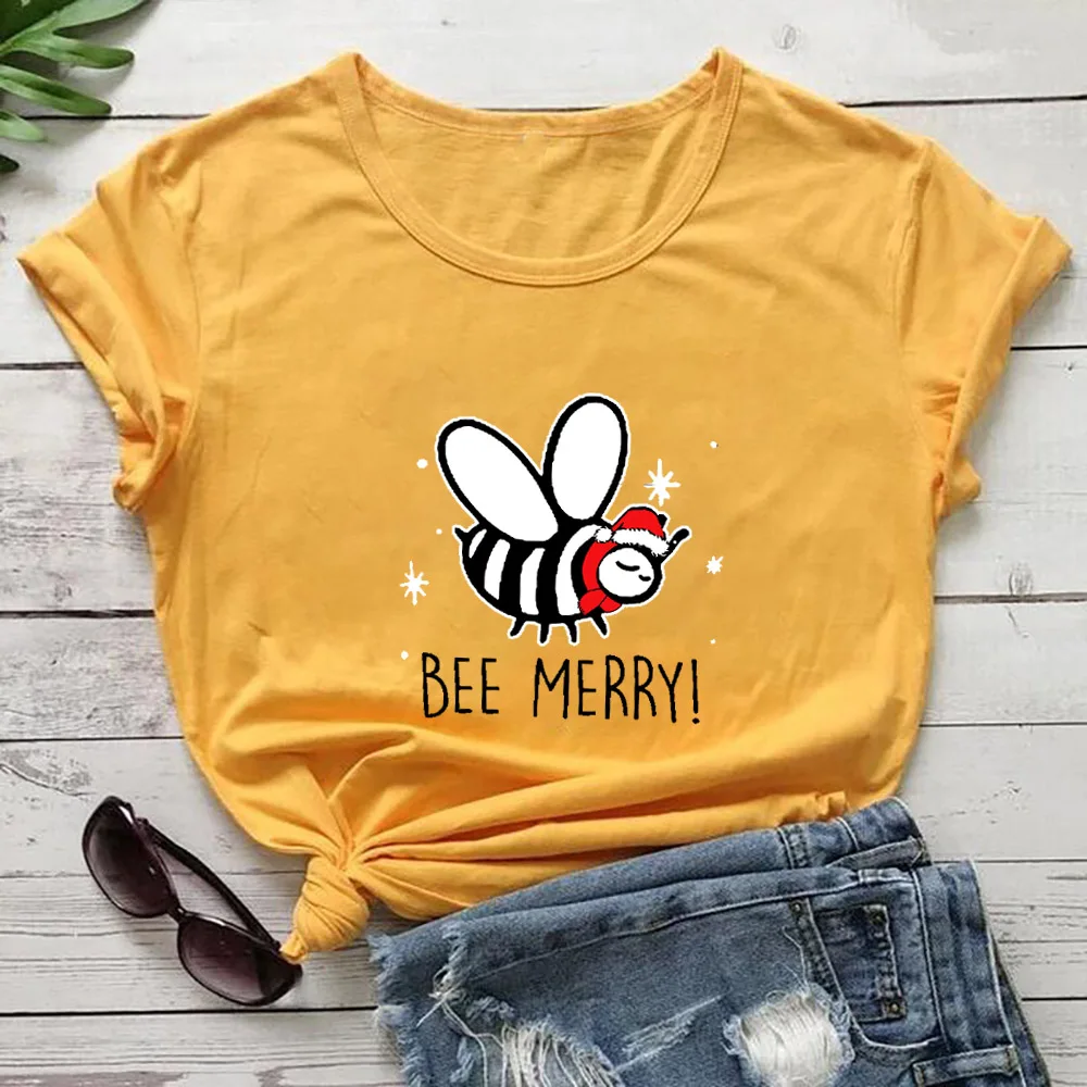 

Bee Merry Funny Bee Christmas 100%Cotton Colored Print Women's T Shirt Winter Funny Casual O-Neck Short Sleeve Top New Year Gift