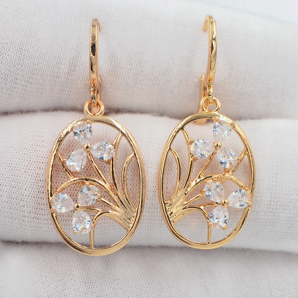 

Gold Color Fashion Clear Cubic Zirconia CZ Flower Oval Dangle Earrings for Women