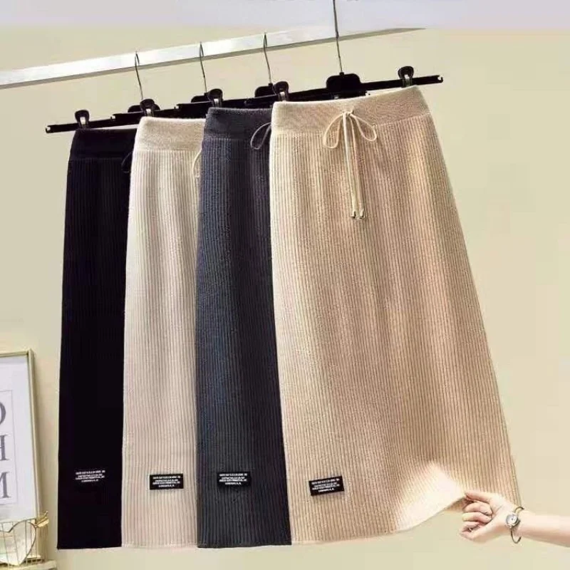 

Элегантная трикотажная юбка средней длины, со складками, Осень-зима 2021, Корейская, длиной до колен, трапециевидная, с высокой талией, AA019