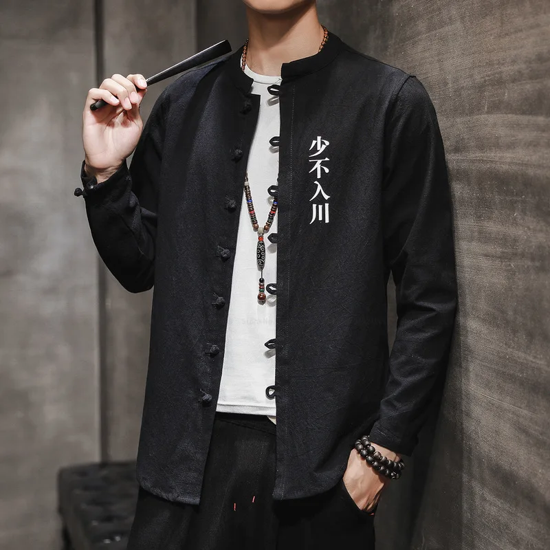 

Chinese Traditional Shirts For Men Solid Color Cotton Hanfu Blouse Oriental Asian Retro Jackets Autumn Vintage Buckle Tops