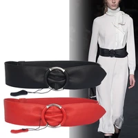 new women%e2%80%99s elastic cummerbunds stretch wide waistband wrapped silver circle buckle genuine leather soft cow solid leather belts