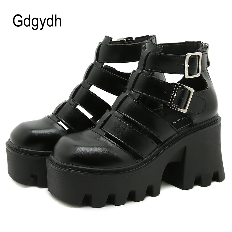 

Gdgydh Breathable Hollow Out Shoes Woman Platform Chunky Heels Top Quality Punk Style Retro Gladiator Demonias Shoes On Heel