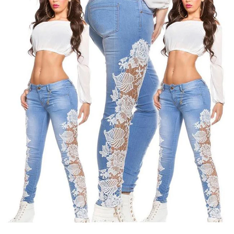 

Women Fashion Side Lace Jeans Hollow Out Skinny Denim Jeans Woman Pencil Pants Patchwork Trousers For Women Ropa Mujer