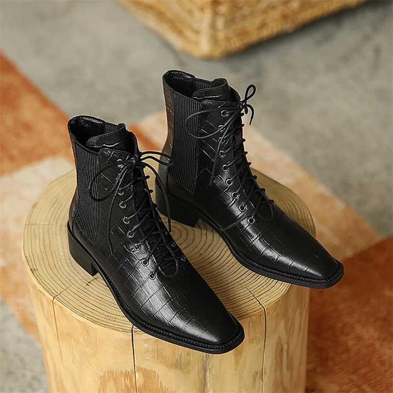 

Meotina Square Toe Women Boots Real Leather Med Heel Ankle Boots Chunky Heel Shoes Lace Up Short Boots Ladies Autumn Winter 43