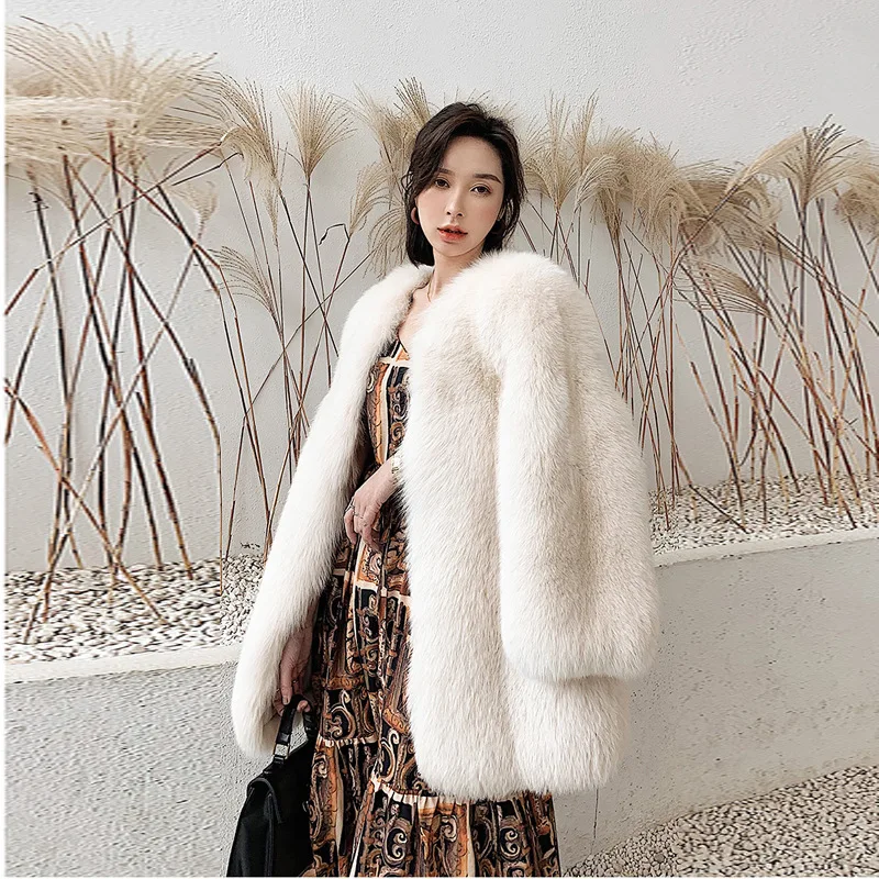 Whole Skin Fox Fur Fashion Jacket Women's Mid-length Long-sleeved Fur Coat 2021 Autumn And Winter New Office Lady O-Neck