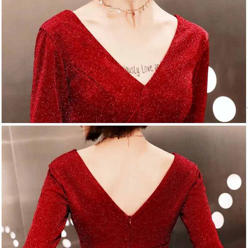 

Party Qipao Dark Red Bride Robe Clothes Flare long Sleeve Dress V-Neck Cheongsam Oriental Womens Wedding chinese style dress