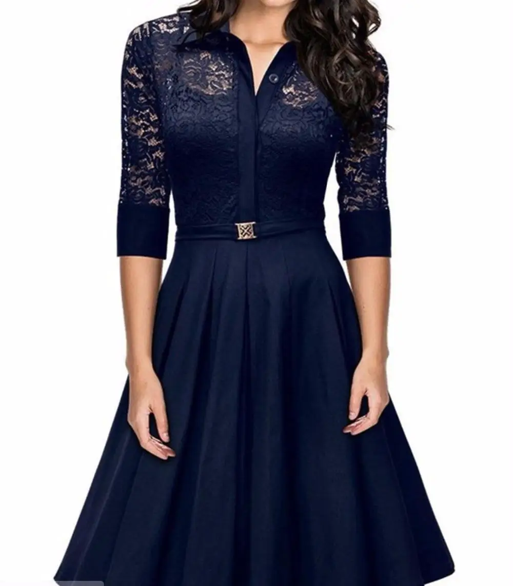 

Woman A -Line Floral Lace Dress Elegant Three Quarter Sleeve Casual Empire Waist V -Neck Dresses Office Lady Summer Dress