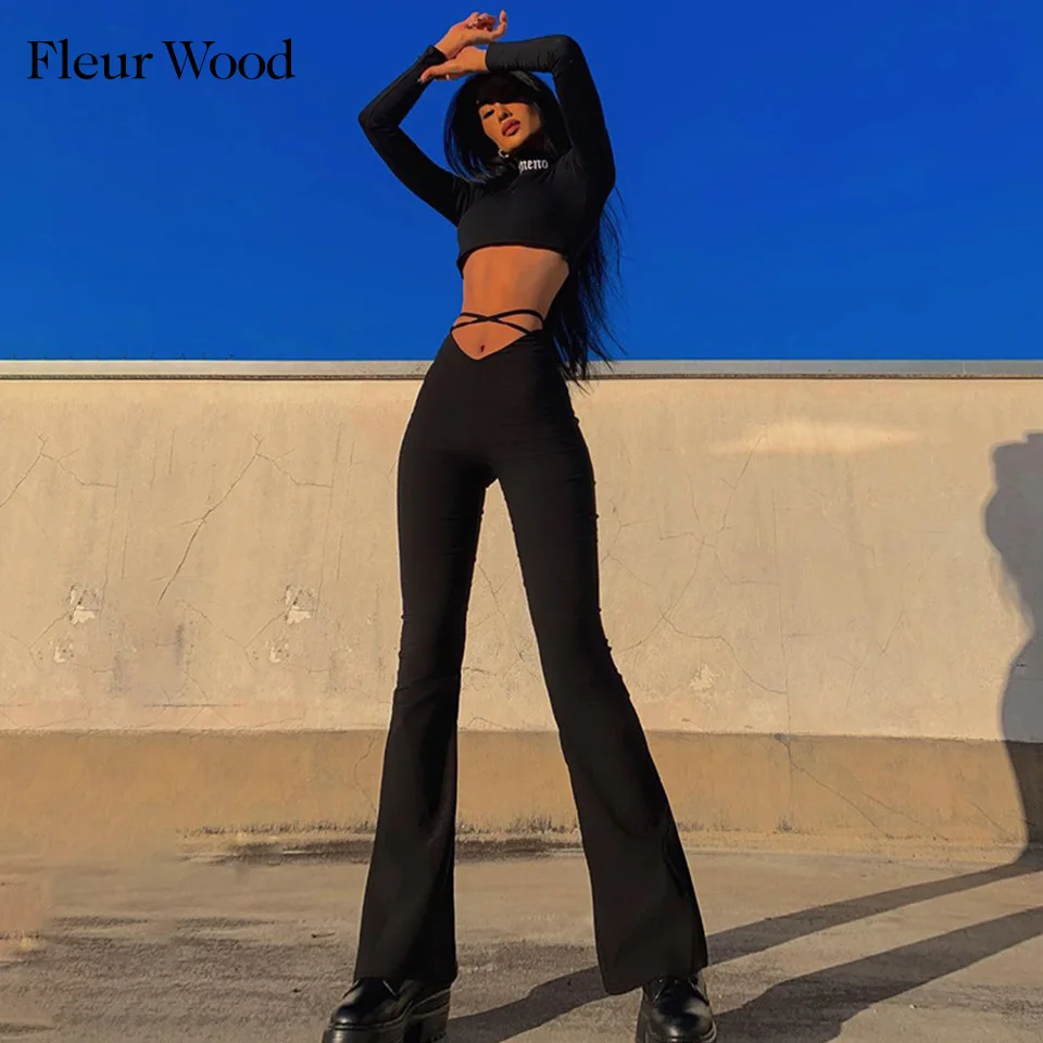 

Fleur деревянная щетка с длинной брюки v-образной формы с высокой талией пупочное с перекрестными ремешками; Модные повязки расклешенные брюк...