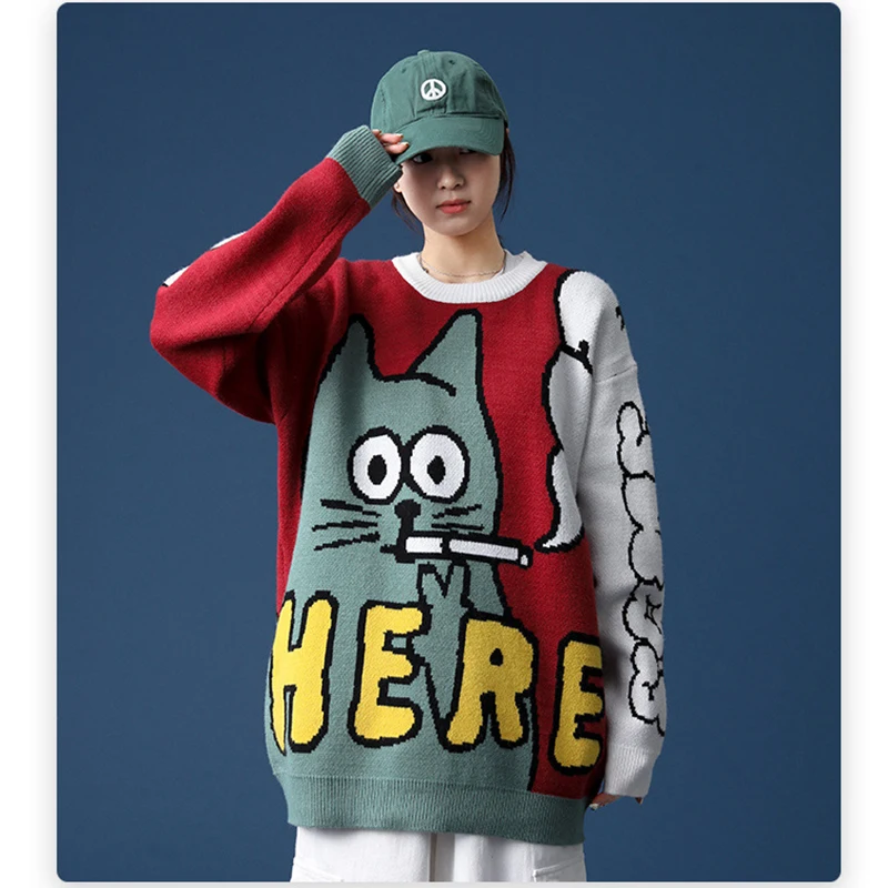 

Original Tide Korean Loose Bottoming Couple Sweater Japanese Ins Cartoon Round Neck Sweater Female 2021 Autumn Winter