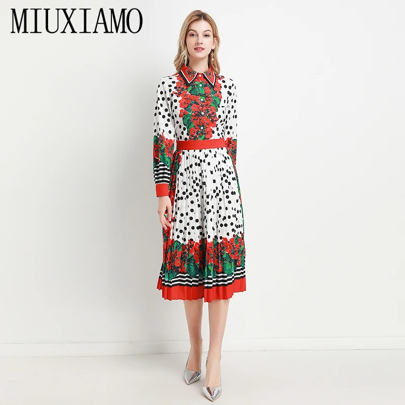 

MIUXIMAO High Quality 2020 Runway Designer Spring Dress Women Diamonds Flower Dot Print Elegant Casual Dress Women vestidos