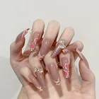 Розовый длинный гроб балерины накладные ногти простое сердце прозрачный лук блестящий полное покрытие DIY клей прижмите на гвозди съемные наконечники