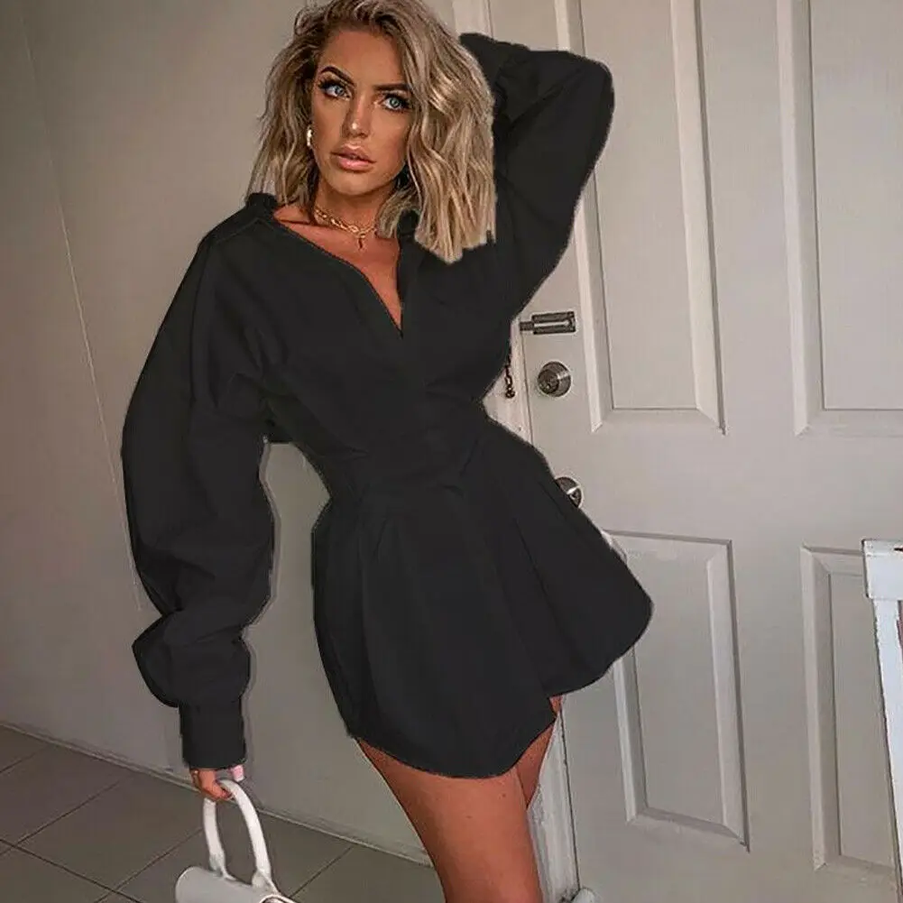 Hirigin Women Deep V Clubwear Long Sleeve Autumn T Shirt Tops Party Mini Dress S-XL