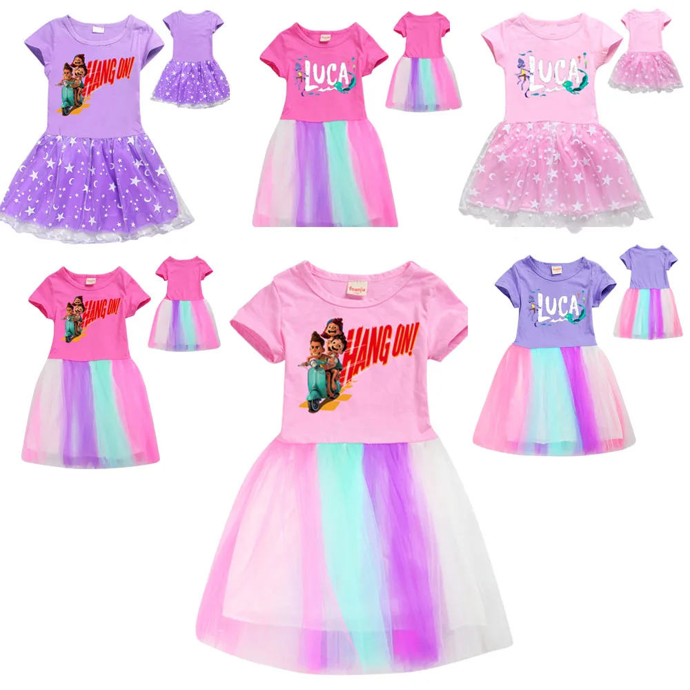 

Детское Радужное кружевное платье для девочек, хлопковое платье с мультяшным изображением Луки и радуги для подростков, летнее милое плать...