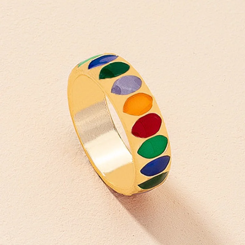 

2021 New Summer Colorful Sweet Trendy Geometric Checkered Dripping Oil Ring for Women Men Delicate Enamel Unisex Jewelry