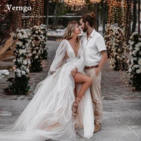 verngo simple a line tulle wedding dresses deep v neck puff long sleeves nude under sweep train country beach bridal gowns 2022