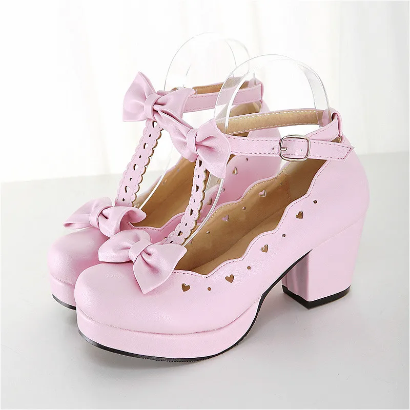 

Pink/white/black Sweet Lolita Shoes Round Head Cute Double Bowknot Kawaii Buckles Loli Shoes Loli Cosplay Women Girl Shoes