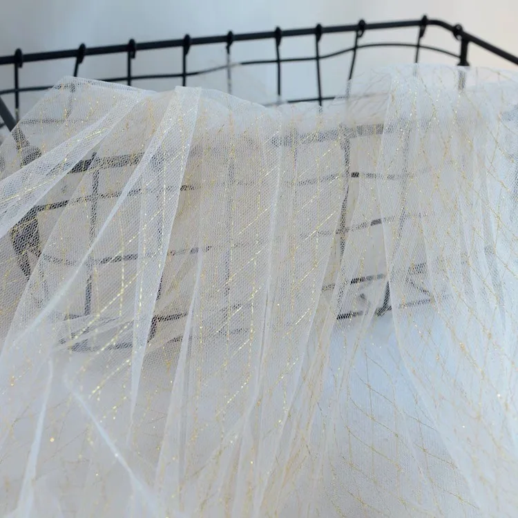 

3 yards Ivory Cream Tulle Lace Fabric With Gold Diamond Lattice Bridal Veil Wedding Gown Fabric Lace