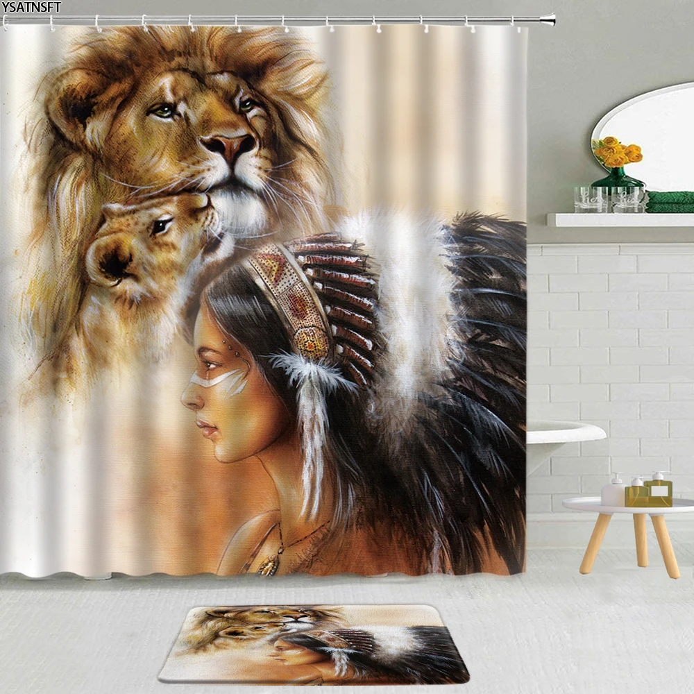 

2Pcs Hand Painted Pattern Shower Curtain Indigenous Woman Wild Animal Lion Non-Slip Bath Mat Bathroom Hanging Curtains Set Decor