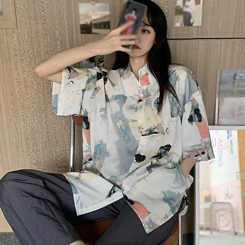 

Women's Tie-dyed Print Loose Shirt Casual Short Sleeve Chiffon Summer Ladies Floral Tops 2021'