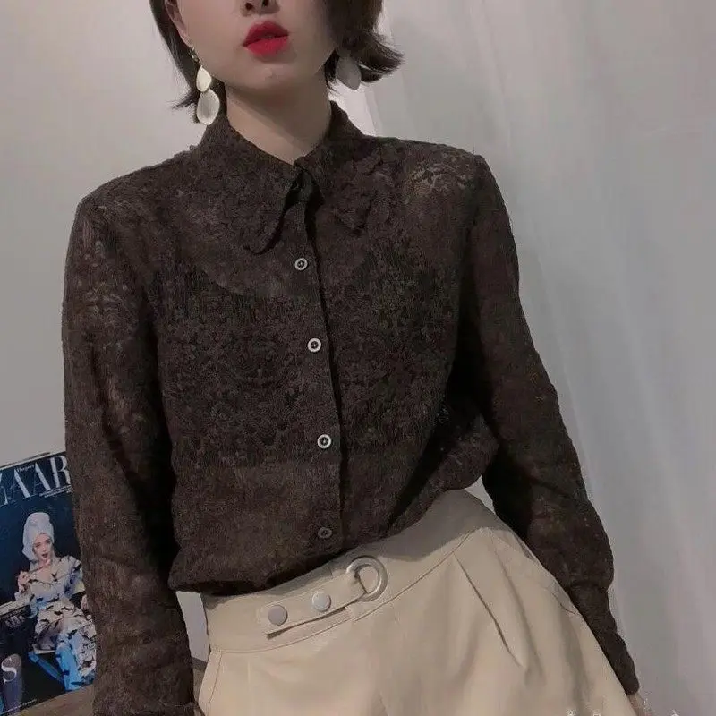 Повседневные женские кружевные блузки с отложным воротником 2020 пуговиц спереди