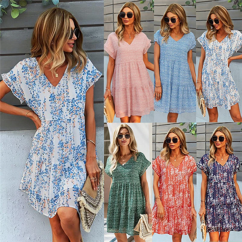 

New Short Floral Print Dress Women Casual V Neck Flare Sleeve High Waist Slim Dress for Women 2021 Summer A Line Dress