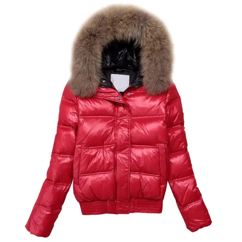 2021 winter women's real raccoon fur collar white duck down hooded jacket short coat female slim casual down jacket