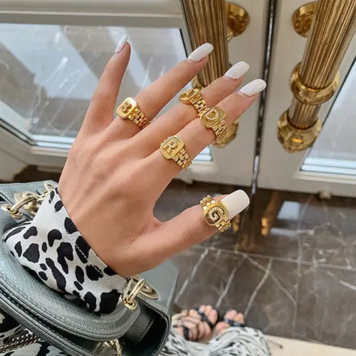

Fashion Luxury English Letters Open Ring Strap Design Minority All-Match European and American Retro Gold rings for women